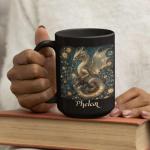 Mystical Dragon Ceramic Cup, Customized Choose Name Coffee Mug 11oz, Gift For Dragon Lovers, Personalized Floral Animal Black Cup, Custom Nature Inspired Mug, Glitter Dragon Mug