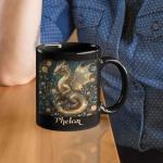 Mystical Dragon Ceramic Cup, Customized Choose Name Coffee Mug 11oz, Gift For Dragon Lovers, Personalized Floral Animal Black Cup, Custom Nature Inspired Mug, Glitter Dragon Mug