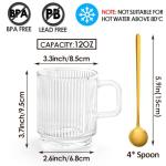 Ymyaye Clear Glass Coffee Mug Set of 4, 12 Ounces Ribbed Glassware with Spoon, Classic Vertical Stripes Tea Mugs for Soda, Latte, Espresso, Cappuccino, Gift for Birthday Holidays Wedding Anniversary