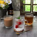 Ymyaye Clear Glass Coffee Mug Set of 4, 12 Ounces Ribbed Glassware with Spoon, Classic Vertical Stripes Tea Mugs for Soda, Latte, Espresso, Cappuccino, Gift for Birthday Holidays Wedding Anniversary