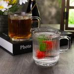 Ymyaye Clear Glass Coffee Mug Set of 4, 12 Ounces Ribbed Glassware with Spoon, Classic Vertical Stripes Tea Mugs for Soda, Latte, Espresso, Cappuccino, Gift for Birthday Holidays Wedding Anniversary