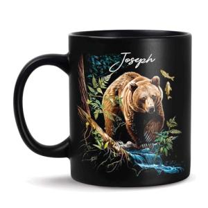 Cute Bear In Forest Design Mug, Customized Name Animal Lover Cup, Novelty Bear Design Black Mug, Personalized Bear Themed Coffee Cup, Gift For Son Daughter, Custom Animal Mug 11oz 15oz
