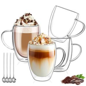 DINGPAl 4 Pack Double Wall Glass Coffee Mugs, 12 oz Walled Insulated Cappuccino Mug Heat Resistant Borosilicate Glass Coffee Cups with Handle and Spoon for Latte, Espresso, Americano, Hot/Cold Drink
