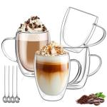 DINGPAl 4 Pack Double Wall Glass Coffee Mugs, 12 oz Walled Insulated Cappuccino Mug Heat Resistant Borosilicate Glass Coffee Cups with Handle and Spoon for Latte, Espresso, Americano, Hot/Cold Drink