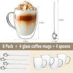 DINGPAl 4 Pack Double Wall Glass Coffee Mugs, 12 oz Walled Insulated Cappuccino Mug Heat Resistant Borosilicate Glass Coffee Cups with Handle and Spoon for Latte, Espresso, Americano, Hot/Cold Drink