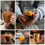 DINGPAl 4 Pack Double Wall Glass Coffee Mugs, 12 oz Walled Insulated Cappuccino Mug Heat Resistant Borosilicate Glass Coffee Cups with Handle and Spoon for Latte, Espresso, Americano, Hot/Cold Drink