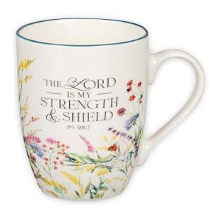 Christian Art Gifts Inspirational Ceramic Coffee & Tea Scripture Mug for Women: Lord is My Strength Encouraging Bible Verse Psalm, Cute Microwave & Dishwasher Safe Cup, White Multicolor Floral, 12 oz.