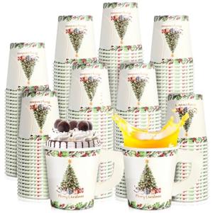 Maxcheck 100 Pieces Christmas Espresso Paper Cups with Handle 7oz Drinking Xmas Christmas Tree Disposable Tea Cups Hot Chocolate Cups Bar Accessories for Christmas Party Decoration