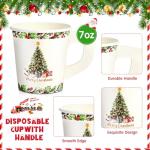 Maxcheck 100 Pieces Christmas Espresso Paper Cups with Handle 7oz Drinking Xmas Christmas Tree Disposable Tea Cups Hot Chocolate Cups Bar Accessories for Christmas Party Decoration