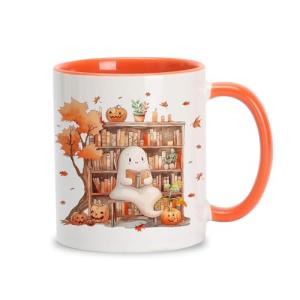 Hyturtle Fall Halloween Coffee Mug - Cute Ghost Reading Book Mug - Maple Leaves Spooky Pumpkin Gifts For Men Women On Halloween Birthday Christmas - 11oz Two Tone Orange/White Ceramic Coffee Tea Cup