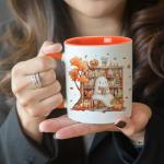 Hyturtle Fall Halloween Coffee Mug - Cute Ghost Reading Book Mug - Maple Leaves Spooky Pumpkin Gifts For Men Women On Halloween Birthday Christmas - 11oz Two Tone Orange/White Ceramic Coffee Tea Cup