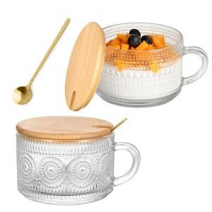 Vintage Glass Coffee Mugs 2 Set, 14oz Overnight Oats Containers with Bamboo Lids and spoon, Glass Tea Cups, Coffee Bar Accessories, Ideal Birthday, Holiday Gifts for Women