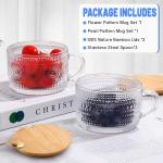 Vintage Glass Coffee Mugs 2 Set, 14oz Overnight Oats Containers with Bamboo Lids and spoon, Glass Tea Cups, Coffee Bar Accessories, Ideal Birthday, Holiday Gifts for Women