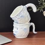 Funny Coffee Mug, 14oz Unique Blue Ceramic Coffee Cup with Creative Human Face Design, Funky Novelty Handmade Cup & Artistic Tea Cup for Office and Home