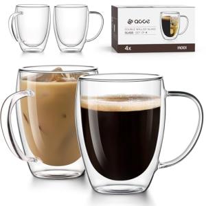 OJA Double Wall Glass Coffee Mugs Set of 4, Hand Blown 12.5OZ Clear Glass Coffee Cups, Insulated Tea Mug, Perfect for Espresso, Cappuccino, Latte, American,Tea Bag, Beverage