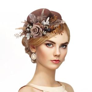 Zinniday Fascinator High Tea Hat - Women's Brown Mini Clip On 20s 50s Derby Cocktail Pillbox Cups Dress Kentucky Hat with Flower and Feather Decoration