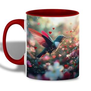ANOVRA Romantic Hummingbird Ceramic Mug with Sparkling Hearts and Floral Garden, Valentine Coffee Mug, Nature-Inspired Gift for Women, Men, or Couples, Red Handle, 11oz Red