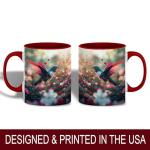 ANOVRA Romantic Hummingbird Ceramic Mug with Sparkling Hearts and Floral Garden, Valentine Coffee Mug, Nature-Inspired Gift for Women, Men, or Couples, Red Handle, 11oz Red