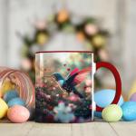 ANOVRA Romantic Hummingbird Ceramic Mug with Sparkling Hearts and Floral Garden, Valentine Coffee Mug, Nature-Inspired Gift for Women, Men, or Couples, Red Handle, 11oz Red