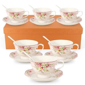 Cup and Saucer Sets of 6 with Spoon, 8oz Ceramic Tea Cups Saucers Set Porcelain New Bone China Floral Vintage Coffee Cup & Saucer Sets -Microwave Dishwasher Safe (Pink)
