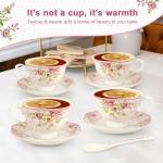 Cup and Saucer Sets of 6 with Spoon, 8oz Ceramic Tea Cups Saucers Set Porcelain New Bone China Floral Vintage Coffee Cup & Saucer Sets -Microwave Dishwasher Safe (Pink)