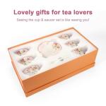 Cup and Saucer Sets of 6 with Spoon, 8oz Ceramic Tea Cups Saucers Set Porcelain New Bone China Floral Vintage Coffee Cup & Saucer Sets -Microwave Dishwasher Safe (Pink)