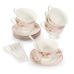Cup and Saucer Sets of 6 with Spoon, 8oz Ceramic Tea Cups Saucers Set Porcelain New Bone China Floral Vintage Coffee Cup & Saucer Sets -Microwave Dishwasher Safe (Pink)