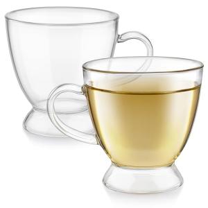 Teabloom Grand Bouquet 8-ounce Teacup Pair – Clear Borosilicate Glass Cups with Footed Base for Coffee, Tea, and Desserts
