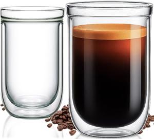 Aquach 12 Oz Double Walled Glass Coffee Mugs, Clear Glass Tea Cups, Microwave and Dishwasher Safe Home Office Insulated Cups Perfect for Americano Latte Hot&Cold Beverages, 2-Pack