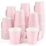 NatNarr 100 Pcs Disposable Tea Cup with Handle, 7oz Pink Paper Bulk Coffee Cup, Espresso Cups Hot Cold Drinking Cups for Wedding Birthday Tea Party Baby Shower Supplies