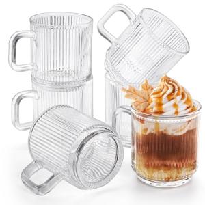 Noamus 6 Pack Premium Glass Coffee Mugs with Handle, 12 Oz Classic Vertical Stripes Glass Tea Cups, Transparent Ribbed Beverage Mugs, Clear Vintage Glassware Set for Hot Cold Americano, Cappuccino