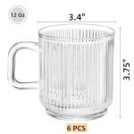 Noamus 6 Pack Premium Glass Coffee Mugs with Handle, 12 Oz Classic Vertical Stripes Glass Tea Cups, Transparent Ribbed Beverage Mugs, Clear Vintage Glassware Set for Hot Cold Americano, Cappuccino