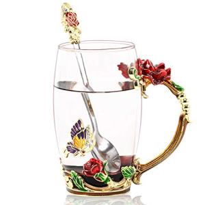 Vinciph Butterfly Glass Tea Cup Handmade Flower Enamel Mug with Spoon Set and High-end Gift Box Unique Gifts for Wedding Anniversary,Birthday,Christmas Red Rose Mug(12oz)