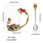 Vinciph Butterfly Glass Tea Cup Handmade Flower Enamel Mug with Spoon Set and High-end Gift Box Unique Gifts for Wedding Anniversary,Birthday,Christmas Red Rose Mug(12oz)