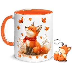 Hyturtle Fall Fox Coffee Mug And Keychain - Cute Fox Gift For Women - Autumn Animals For Lovers - Maple Leaf Animals Present For Her - Thanksgiving Decor - Coffee Cup Ceramic Mug 11 Oz