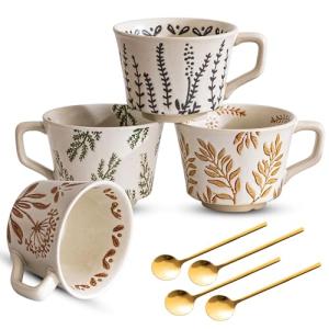 Ceramic Mugs Set of 4, 11oz Cups Set & 4 Gold Spoons, Large Coffee Mugs, Unique Embossment Plant Cups for Latte Tea Cappuccino Mocha Cocoa, Housewarming Wedding Gifts Microwave Dishwasher Safe