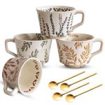 Ceramic Mugs Set of 4, 11oz Cups Set & 4 Gold Spoons, Large Coffee Mugs, Unique Embossment Plant Cups for Latte Tea Cappuccino Mocha Cocoa, Housewarming Wedding Gifts Microwave Dishwasher Safe