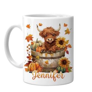 Foxcorner Personalized Highland Cow Mug - Customized Cute Highland Cow Autumn Mug - Unique Gifts For Cows Lovers - Birthday Christmas Gifts - Custom Name 11oz White Ceramic Coffee Tea Cup