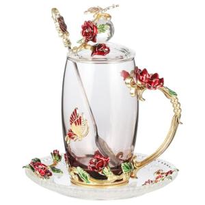 LANTREE Christmas Gifts for Mom Glass Tea Cup Set Coffee Cup Personalized Gift For Women Mother's Day Flower Tea Mugs with Lid(12ozRedRose)