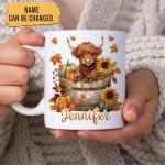 Foxcorner Personalized Highland Cow Mug - Customized Cute Highland Cow Autumn Mug - Unique Gifts For Cows Lovers - Birthday Christmas Gifts - Custom Name 11oz White Ceramic Coffee Tea Cup