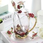 LANTREE Christmas Gifts for Mom Glass Tea Cup Set Coffee Cup Personalized Gift For Women Mother's Day Flower Tea Mugs with Lid(12ozRedRose)