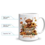 Foxcorner Personalized Highland Cow Mug - Customized Cute Highland Cow Autumn Mug - Unique Gifts For Cows Lovers - Birthday Christmas Gifts - Custom Name 11oz White Ceramic Coffee Tea Cup