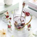 LANTREE Christmas Gifts for Mom Glass Tea Cup Set Coffee Cup Personalized Gift For Women Mother's Day Flower Tea Mugs with Lid(12ozRedRose)