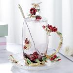LANTREE Christmas Gifts for Mom Glass Tea Cup Set Coffee Cup Personalized Gift For Women Mother's Day Flower Tea Mugs with Lid(12ozRedRose)
