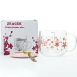 ZRAGEK Cute Home Coffee Glass, Creative 14Oz Large Capacity Tea Cup with Handle and Lid, Office Heat Resistant Sakura Cup, Water Glasses, Coffee Cups(Pink B,3 Piece Set)