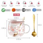 ZRAGEK Cute Home Coffee Glass, Creative 14Oz Large Capacity Tea Cup with Handle and Lid, Office Heat Resistant Sakura Cup, Water Glasses, Coffee Cups(Pink B,3 Piece Set)