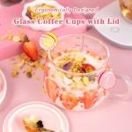 ZRAGEK Cute Home Coffee Glass, Creative 14Oz Large Capacity Tea Cup with Handle and Lid, Office Heat Resistant Sakura Cup, Water Glasses, Coffee Cups(Pink B,3 Piece Set)