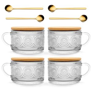 Today's Present 4pcs Vintage Glass Coffee Mugs Gifts for Women, Overnight Oats Containers With Bamboo Lids and Spoons, 14oz Clear Embossed Drinking Glass Cups, Iced Coffee Glasses, Tea Cups