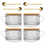Today's Present 4pcs Vintage Glass Coffee Mugs Gifts for Women, Overnight Oats Containers With Bamboo Lids and Spoons, 14oz Clear Embossed Drinking Glass Cups, Iced Coffee Glasses, Tea Cups