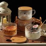 Today's Present 4pcs Vintage Glass Coffee Mugs Gifts for Women, Overnight Oats Containers With Bamboo Lids and Spoons, 14oz Clear Embossed Drinking Glass Cups, Iced Coffee Glasses, Tea Cups
